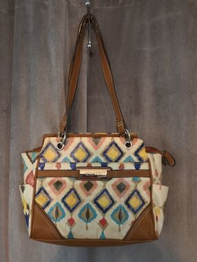 Rosetti Multicolor Geometric Canvas Shoulder Bag with Tan Trim